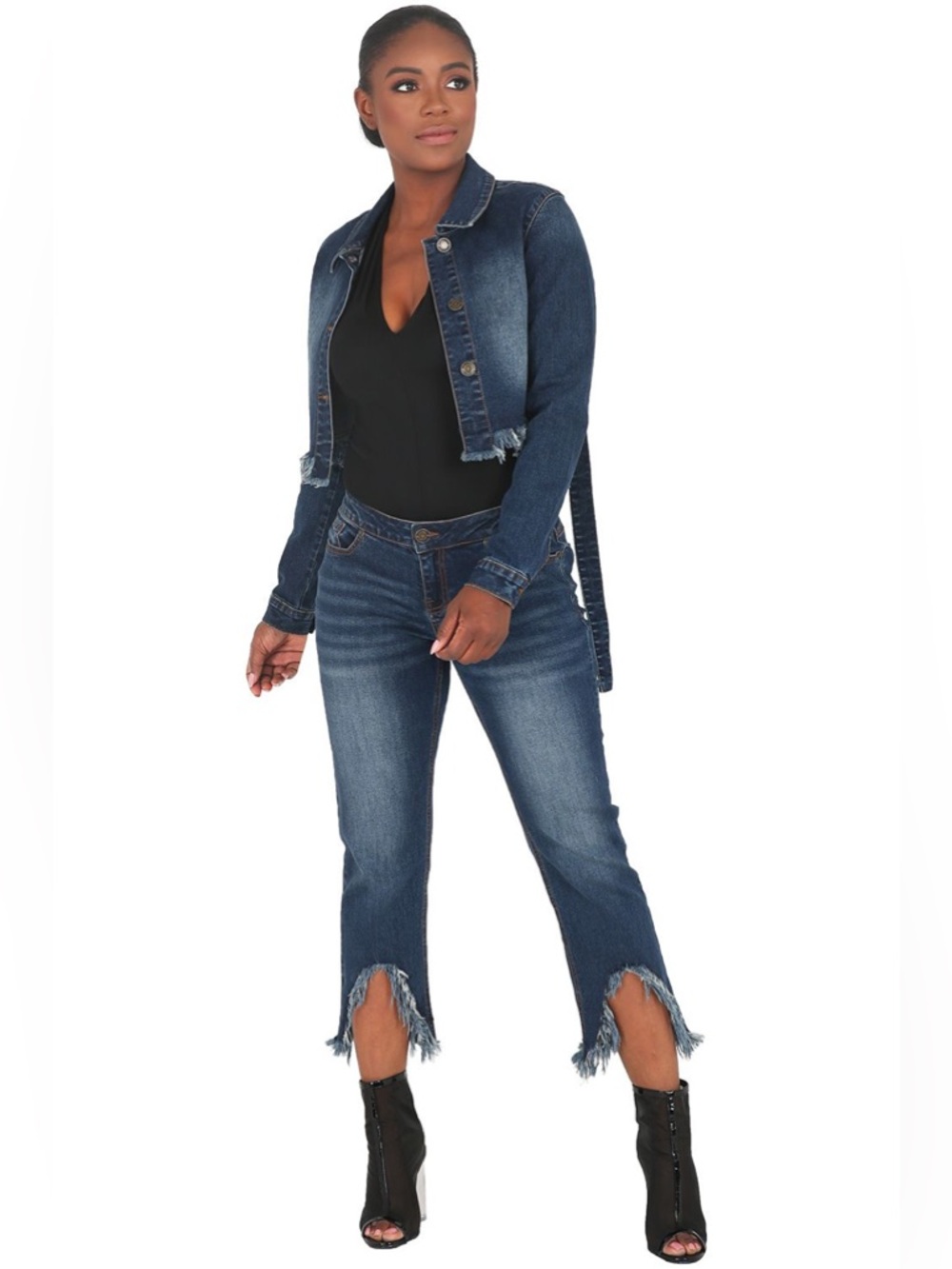 Poetic Justice Curvy Fit Mid Rise Cropped Jeans Frayed High Low Step Hem 18 NWT - Picture 14 of 15